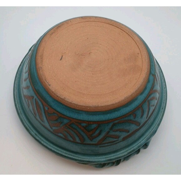 Signed Studio Pottery Bowl With Twisted Handles Teal Blue Fishscale Design - Picture 6 of 9